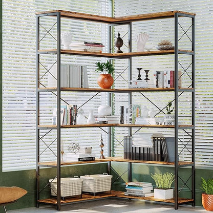 IRONCK 6-Shelf Corner Bookcase, Vintage Industrial Corner Bookshelf Etagere Bookcase, 6 Tier Corner Shelf Storage Rack with Metal Frame for Living Room Home Office