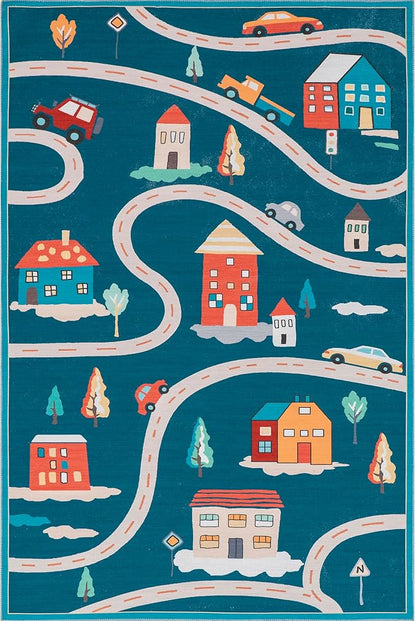 nuLOOM Zita Neighborhood Machine Washable Kids Ultra Thin Area Rug, 3' x 5', Blue Multi