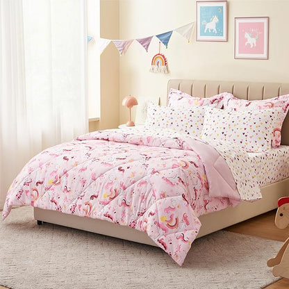 Twin Unicorn Kids Bedding Set for Girls, 5 Pieces Super Soft Lightweight Microfiber Comforter Set with Sheets, Bed in a Bag, Durable Children Bed Set
