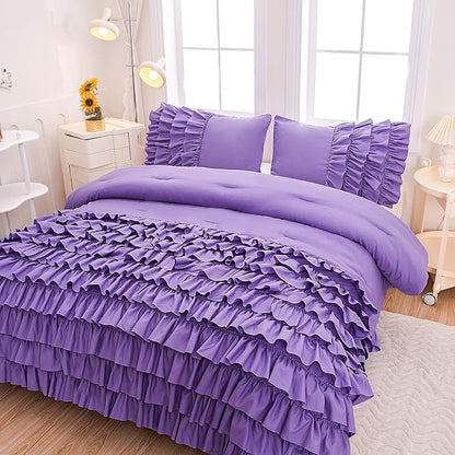 Girls Comforter Set Queen, Lavender Ruffle Bedding Set Queen, Purple Comforter Sets for Queen Size Bed with Sheets, Girls Queen Bedroom Comforter Set