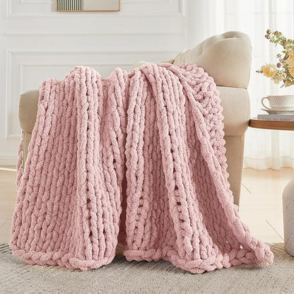 Carriediosa Chunky Knit Throw Blanket 60" X 80" Twin, 100% Hand Made Large Chenille Loop Yarn Soft Fluffy Throws for Couch Sofa Bed, Big Crochet Cozy Heavy Thick Cable Woven Blankets, Dusty Pink