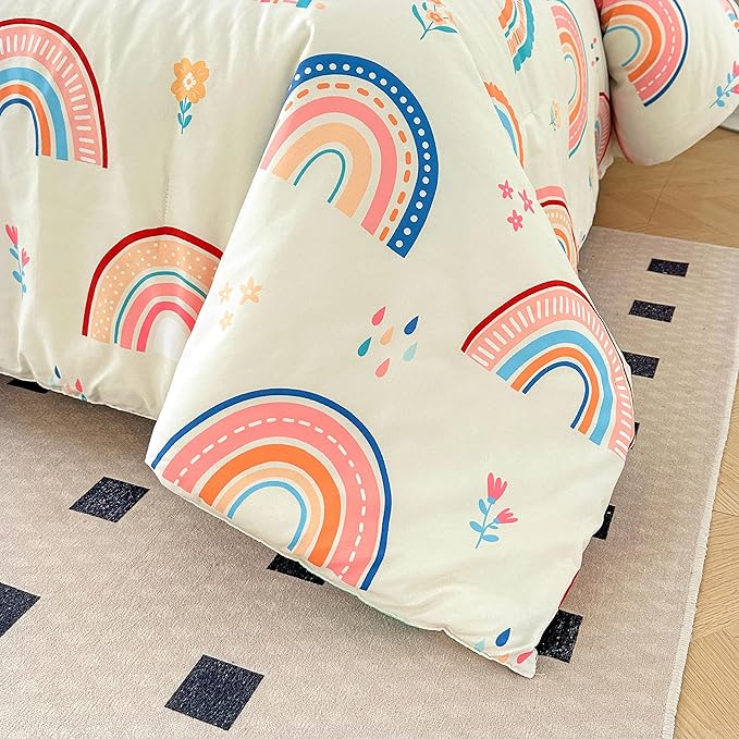 Btargot Lightweight Soft 3 Piece Rainbow Comforter Set with 2 Pillow Covers, Cartoon Love Hearts Flowers and Grass Bedding Set for Girls Boys Kids, Queen Multi-Color