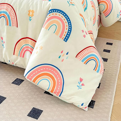 Btargot Lightweight Soft 3 Piece Rainbow Comforter Set with 2 Pillow Covers, Cartoon Love Hearts Flowers and Grass Bedding Set for Girls Boys Kids, Full Multi-Color