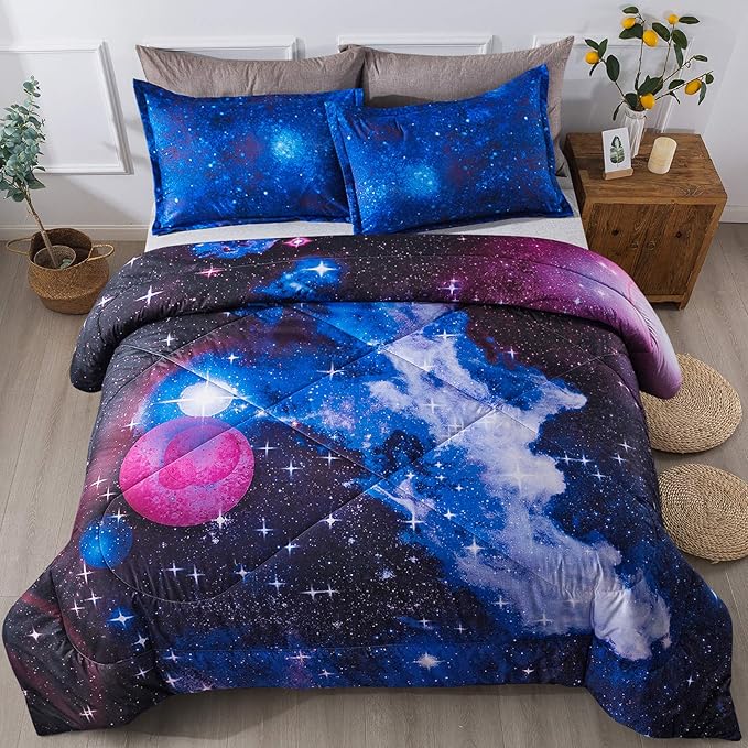 Litanika 3D Galaxy Comforter Full(79x90lnch), 3 Pieces(1 Galaxy Comforter, 2 Pillowcases), Universe Cloud Outer Space Comforter, Microfiber Bedding Set for Boys Kids