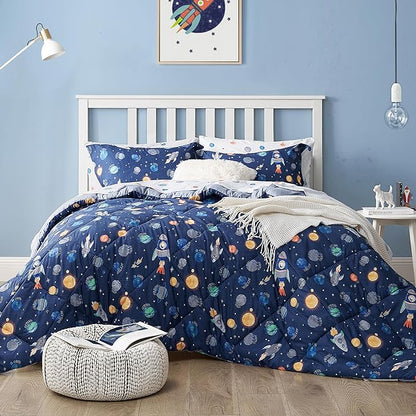 Kids Bedding Set for Boys, Queen Size 7 Pieces Space Themed Bed in a Bag, Super Soft Lightweight Microfiber Comforter Set with Sheets, Hotel Quality Durable Children Bed Set