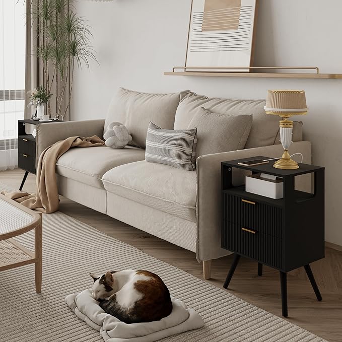 Black Nightstand with Charging Station and LED Lights,Modern Bedside Table with 2 Storage Drawer and Open Wood Shelf, for Bedroom and Small Spaces,Night Stand with Solid Wood Legs,Black
