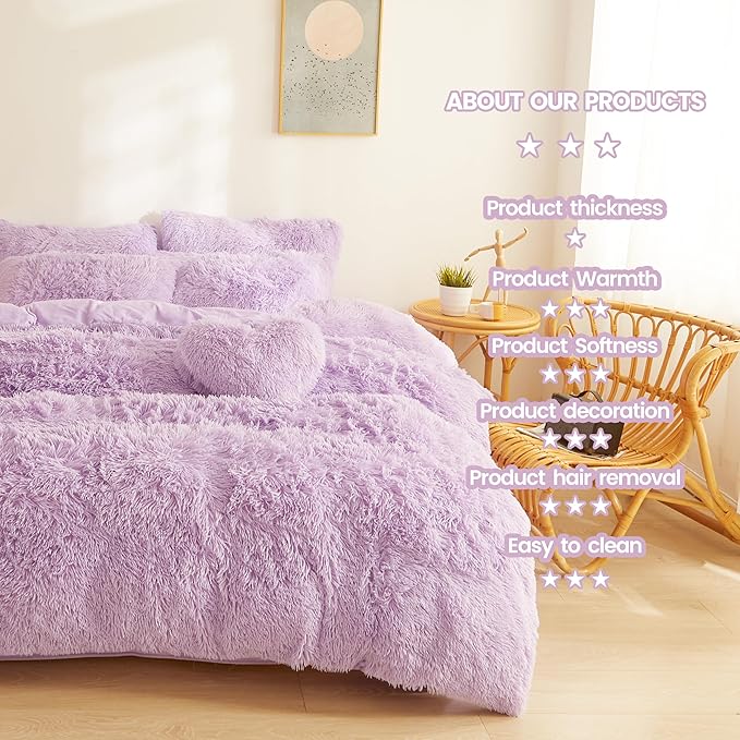 Fluffy Lilac comforters Cover twin size - Ultra Soft Plush Lilac bedding Sets 2 Pieces (1 faux fur comforter Cover + 1 fuzzy pillow case) girls shaggy Lilac twin bed set (Lilac, Twin)