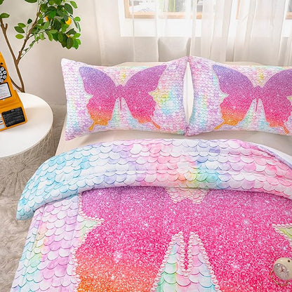 CVHOUSE Butterfly Bedding Set,Butterfly Comforter Queen,Butterfly Comforter Set for Girls Kids Teens,Butterflies Quilt Set with 1 Comforter and 2 Pillow Cases- 3 Piece