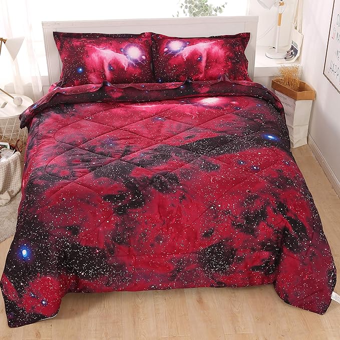 Wowelife Galaxy Bedding Sets for Boys and Girls 5-Piece Full, Premium Galaxy Bed in a Bag Red, 3D Galaxy Comforter Set, Comfortable and Soft Kids Bedding Set