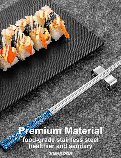 TINMARDA Metal Chopsticks Reusable, 3 Pairs Non-Slip Chop Sticks Reusable Dishwasher Safe, Titanium Plated Stainless Steel Chopsticks Present Set (Blue Silver)