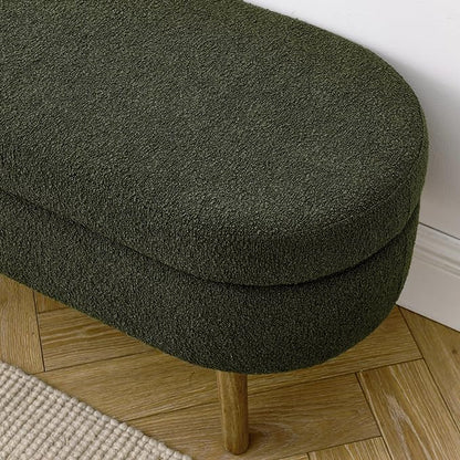 Oval Storage Bench 43.5" Linen Fabric Upholstered Entryway Bench with Solid Wood Legs Ottoman Bench Indoor Bench for Living Room/Bedroom/End of Bed/Entryway (Dark Green)