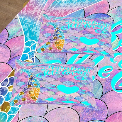NINENINE Blue and Purple Mermaid Tail Comforter Sets for Girls,Full Size Rainbow Princess Bedding,Girly Glitter Comforter Sets,Sparkly Fish Scales Bedding Sets with 1 Comforter 2Pillowcases
