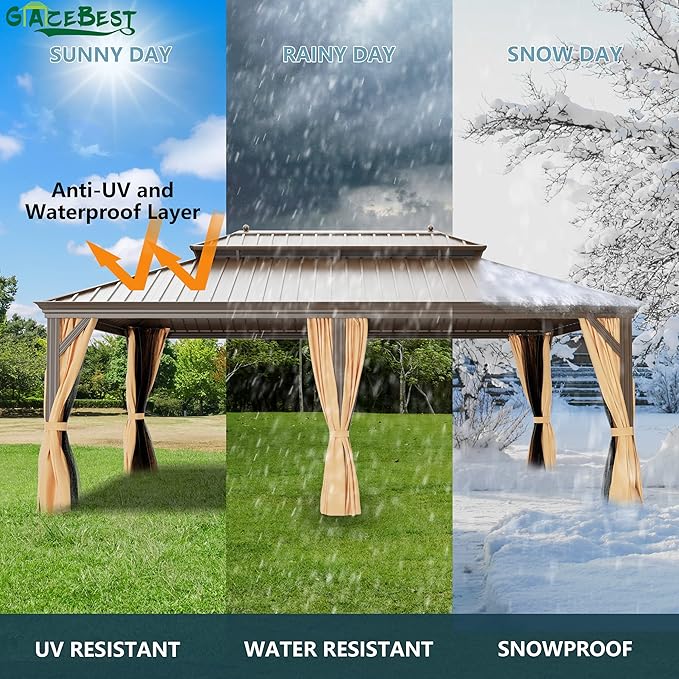 12' X 22' Hardtop Gazebo Outdoor Aluminum Patio Gazebo Double Roof Galvanized Steel Canopy Wooden Finish Coated with Netting and Curtains for Garden, Backyard, Deck and Lawns