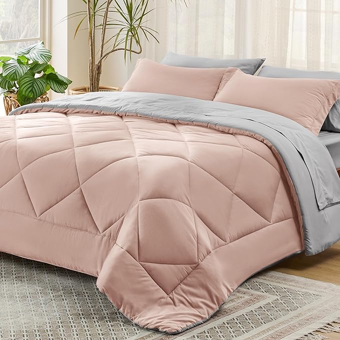 Bedsure Blush Pink King Size Comforter Set - 7 Pieces Reversible King Bed in a Bag King Bed Set with Comforters, Sheets, Pillowcases & Shams, King Bedding Sets