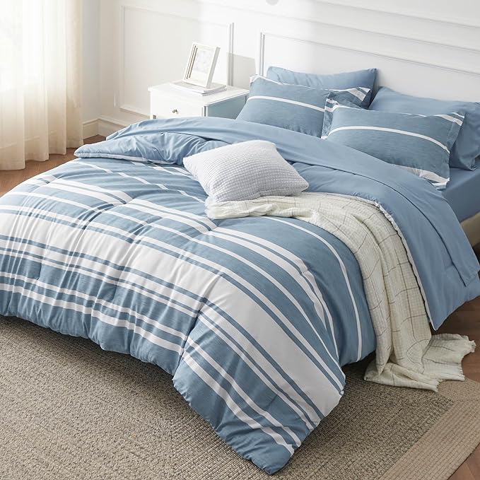 Bedsure Full Size Bed Sets 7 Pieces - Blue Striped Beddubg All Season Comforter Set, Bed in a Bag with 1 Comforter, 2 Sheets, 2 Pillowcases & 2 Shams