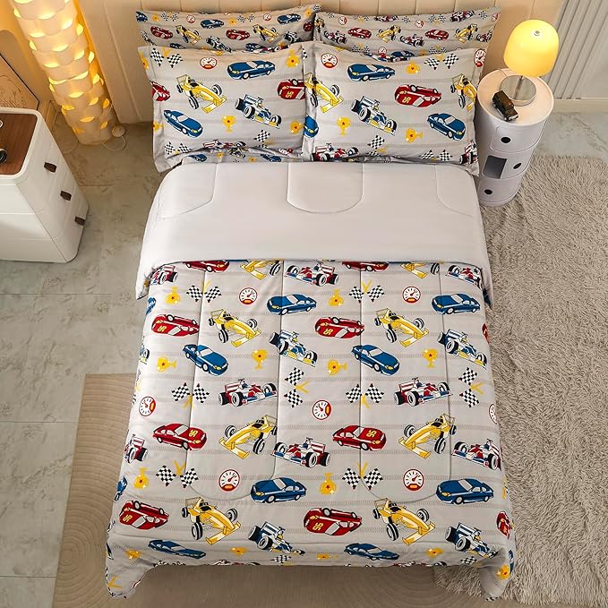 Mooreeke Full Size Comforter Sets for Boys Kids, 8 Pieces Bed in a Bag Racing Car Bedding Comforter Sheet Set with Shams and Decorative Toy Pillow, Ultral Soft Microfiber Kids Bed Set