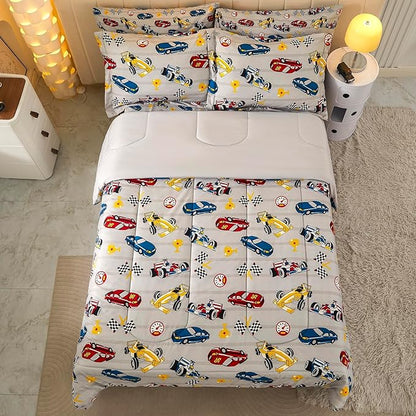 Mooreeke Twin Size Comforter Sets for Boys Kids, 6 Pieces Bed in a Bag Racing Car Bedding Comforter Sheet Set with Shams and Decorative Toy Pillow, Ultral Soft Microfiber Kids Bed Set