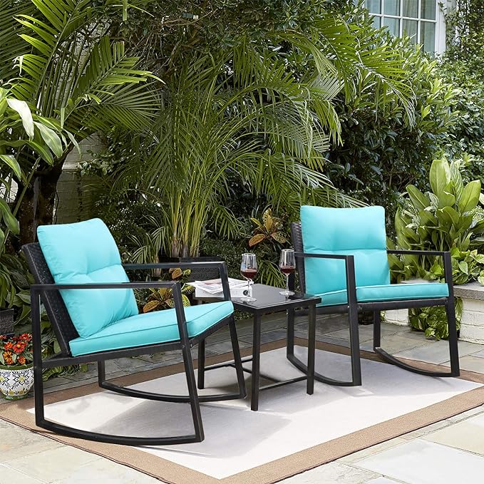 Greesum 3 Piece Rattan Patio Furniture Set with Rocking Chairs, Glass Table and SOLPEX 16 Pack Solar Deck Lights for Outdoor Stairs, Fence and Pathway