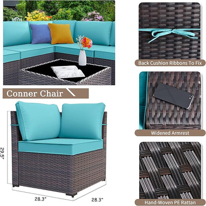 Patio Furniture Sectional Sofa Set 13-Pieces PE Rattan Patio Conversation Set w/43in Gas Fire Pit Table, Outdoor Furniture with 55000 BTU Propane Fire Pit, Blue
