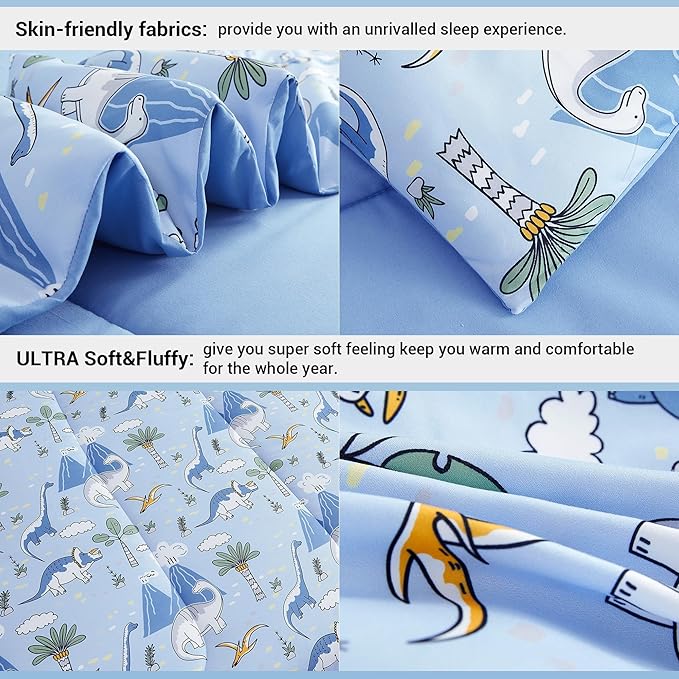 Mooreeke Kids Comforter Bed Set Twin Size for Boys, 6 Pieces Bed in a Bag with Shams, Sheet Set and 1 Decorative Toy Throw Pillow, Dinosaur Blue Super Twin Soft Microfiber Kids Comforter Bedding Set