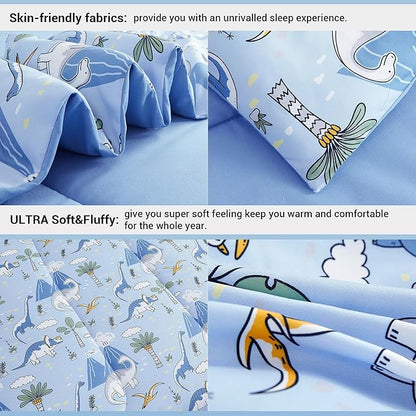Mooreeke Kids Comforter Bed Set Twin Size for Boys, 6 Pieces Bed in a Bag with Shams, Sheet Set and 1 Decorative Toy Throw Pillow, Dinosaur Blue Super Twin Soft Microfiber Kids Comforter Bedding Set
