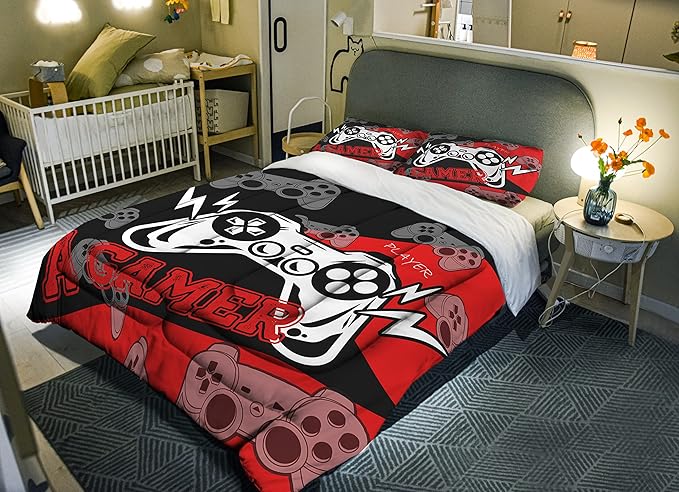 Sunnycitron Boys Gaming Comforter Set Twin Gaming Bedding for Boys Teens Gamer Comforter Gaming Bed Kids Bed Comforter Set Gamepad Game Bedding twin Comforter set (1 Comforter 2 Pillowcase)