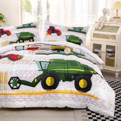 CVHOUSE Tractor Bedding Sets for Boys,Excavators Comforter Full,Boys Cartoon Truck Comforter Set,Trucks Tractors Cars Quilt Set with 1 Comforter and 2 Pillow Cases- 3 Piece