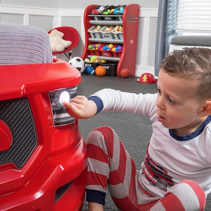 Step2 Turbocharged Twin Size Truck Car Bed, Car Bed for Boys and Girls, Working Headlights & Built-In Storage, Toddlers Ages 3+ Years Old, Adult Assembly Required, Vibrant Red