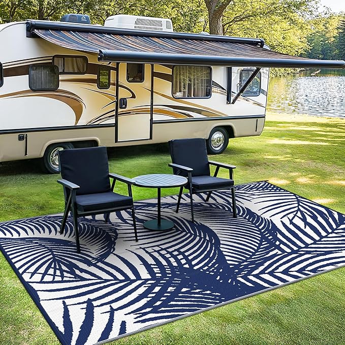 GENIMO Outdoor Rug 5' x 8' Waterproof for Patio Clearance, Reversible Plastic Straw Camping Carpet, Lightweight Mats for Rv, Backyard, Deck, Porch, Picnic, Beach, Balcony, Blue & White