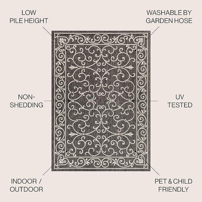 JONATHAN Y Vintage Filigree Indoor Outdoor Area Rug 3X5 Black/Gray, Charleston Textured Weave for Backyard, Patio, Porch, Easy-Cleaning, High Traffic, Pet-Friendly, Non-Shedding (SMB106G-3)