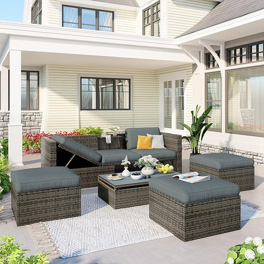 5 Pieces Patio Furniture Sets All Weather Wicker Rattan Sectional Sofa Outdoor Conversation with Adustable Backrest, Cushions, Ottomans and Lift Top Coffee Table for Poolside, Garden, Backyard