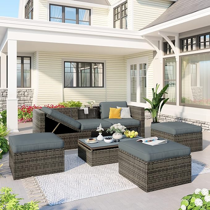 5-Piece Patio Furniture Sets Wicker Outdoor Sofa Couch with Adustable Backrest, Ottomans and Lift Top Coffee Table, Onesize, Gray