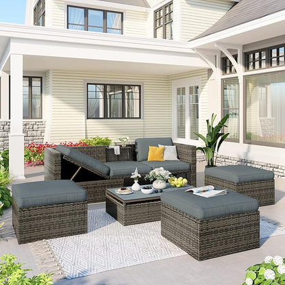 5-Piece Patio Furniture Sets Wicker Outdoor Sofa Couch with Adustable Backrest, Ottomans and Lift Top Coffee Table, Onesize, Gray