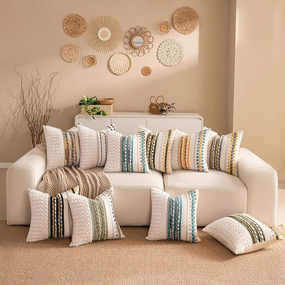 Boho Chenille Tufted Couch Throw Pillow Covers 18x18 Inch Set of 2 Farmhouse Striped Decorative Pillow Covers Accent Neutral Pillowcase Yellow Teal Cushion Cover for Living Room Sofa Bed