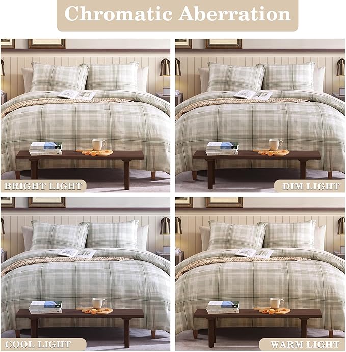 Beige King Size Comforter, Khaki Green Plaid King Comforter Set or Boys & Girls,Classic Homestead-style King Bedding Sets with King Size Bed Sheets and Comforter Sets