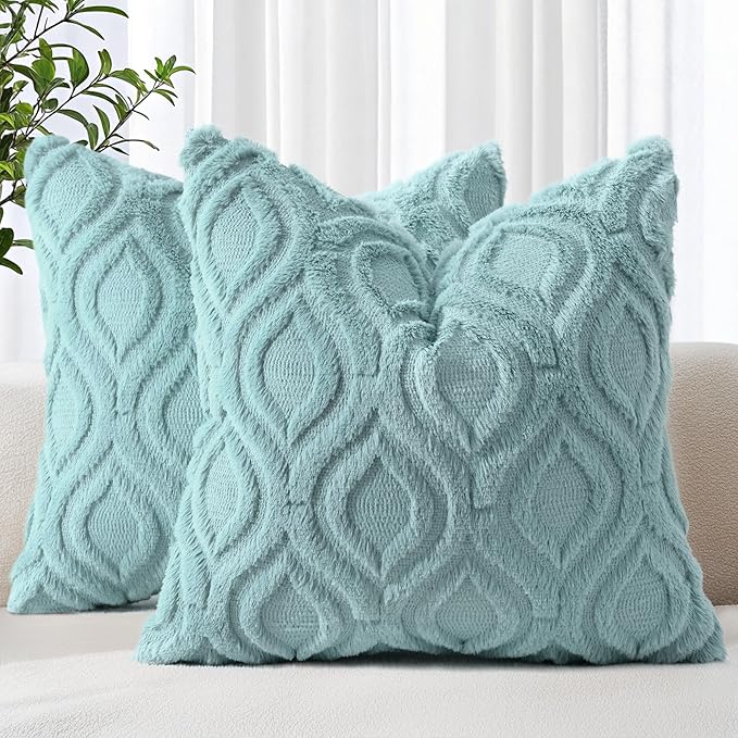 decorUhome Fall Throw Pillow Covers 16x16 Inch Set of 2, Soft Plush Decorative Faux Fur Aqua Solid Couch Pillow Covers, Accent Farmhouse Neutral Square Euro Pillow Cases for Sofa Bed Living Room