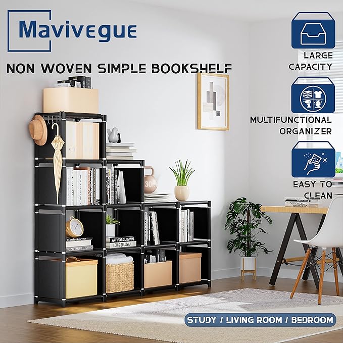 Mavivegue Book Shelf, 12 Cube Storage Organizer, DIY Bookcase, Metal Bookshelf,Tall Book case for Bedroom, Living Room,Office,Closet , Black Cubicle Rack