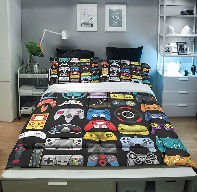 Sunnycitron Gamer Comforter Set for Boys Bedding Gaming Comforter Sets for Boys Gamer Bedding Sets Boys Comforter Sets Full Size Bed Set Teen Boy Room Decor,1 Comforter 2 Pillowcases