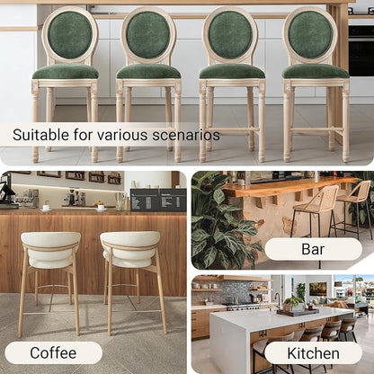 French Country Barstool, Linen Farmhouse Counter Height Chair | Set of 6, with Cushion Round Back and Solid Wood Legs, Oval Chairs for Restaurant, Bar, Kitchen, Café, Green