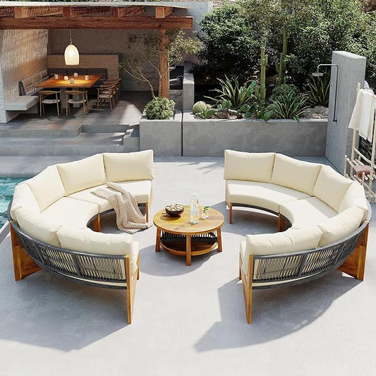 Merax Outdoor Sectional Patio Furniture Sets, Half Moon All Weather Wicker Seating Group, with Cushions and Round Coffee Table, Beige