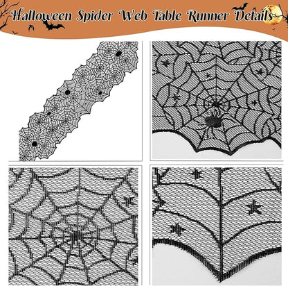 3 Pack Halloween Decorations Sets, Black Lace Spider Webs Table Runner & Halloween Cobweb Fireplace Scarf with 120 pcs 3D Bat for Halloween Indoor Decors Party Supplies