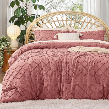 Bedsure Queen Comforter Set - Pink Clay Boho Comforter, Tufted Shabby Chic Bedding Comforter Set, 3 Pieces Vintage Farmhouse Bed Set for All Seasons, Fluffy Soft Bedding Set with 2 Pillow Shams