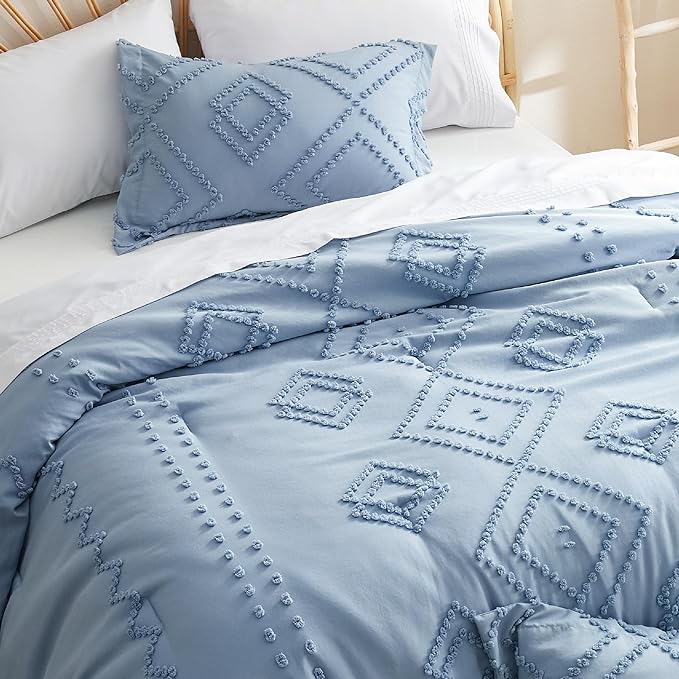 Bedsure Boho Comforter Set Queen - Mineral Blue Tufted Bedding Comforter Set, 3 Pieces Farmhouse Shabby Chic Embroidery Bedding Set, Soft Geometric Pattern Comforter for All Seasons