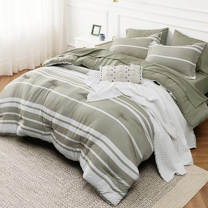 Bedsure Bed in a Bag Queen 7 Pieces, Olive Green White Striped Bedding Comforter Sets All Season Bed Set, 2 Pillow Shams, Flat Sheet, Fitted Sheet and 2 Pillowcases