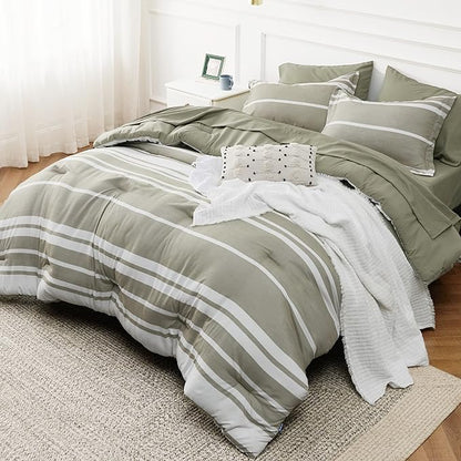 Bedsure Bed in a Bag Twin Size 5 Pieces, Olive Green White Striped Bedding Comforter Sets All Season Bed Set with 1 Pillow Sham, Flat Sheet, Fitted Sheet and 1 Pillowcase