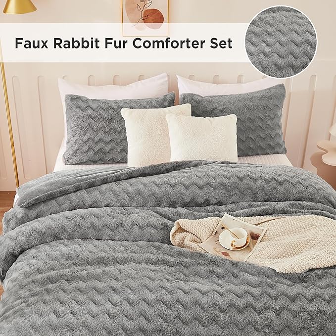Andency Grey Fleece Comforter Set Queen Size, 3 Pieces Fuzzy Fluffy Faux Fur Bedding Comforter Set for Queen Bed, Warm Plush Shaggy Sherpa Bed Set for Women Man