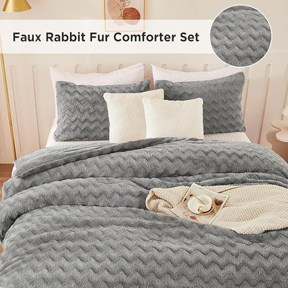 Andency Grey Fleece Comforter Set Queen Size, 3 Pieces Fuzzy Fluffy Faux Fur Bedding Comforter Set for Queen Bed, Warm Plush Shaggy Sherpa Bed Set for Women Man