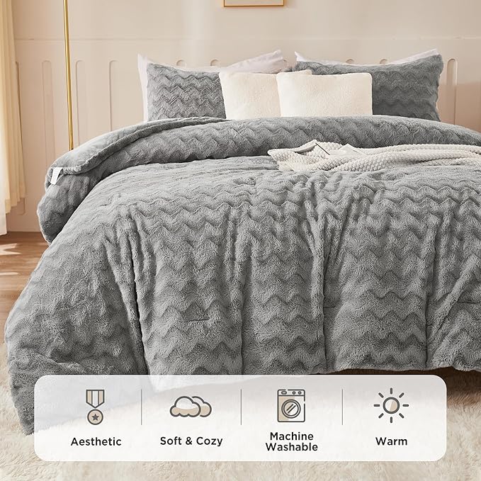 Andency Gray Fleece Comforter Set Full, 3 Pieces Fluffy Fuzzy Faux Fur Bedding Comforter Set, Plush Shaggy Warm Sherpa Bed Comforter Sets for Winter