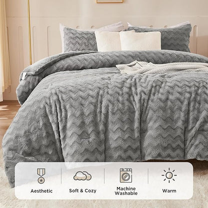 Andency Gray Fleece Comforter Set Full, 3 Pieces Fluffy Fuzzy Faux Fur Bedding Comforter Set, Plush Shaggy Warm Sherpa Bed Comforter Sets for Winter