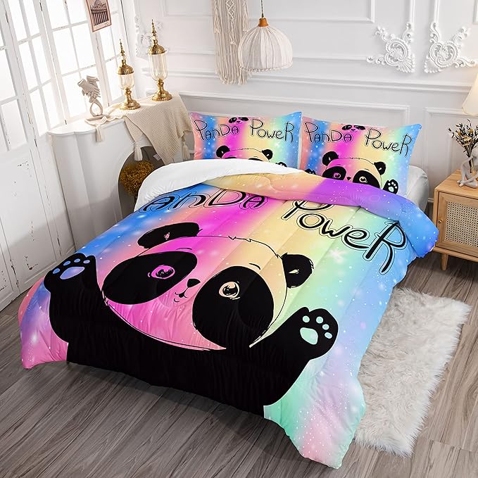Datura home Bedding Comforter Set Rainbow Kawaii Cute Panda Printed Pattern with 1 and 2 Pillowcases for Girls Bedroom All Season(Panda Queen) Queen 90x90inches